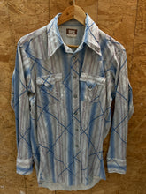 Vintage70s white blue abstract pattern polyester western cowboy shirt size large